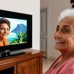 **Image Prompt:** An elderly woman in her living room, smiling, using voice commands to control her smart TV. Show the TV displaying a popular Brazilian telenovela. The living room should be cozy and well-lit, reflecting a comfortable home environment.