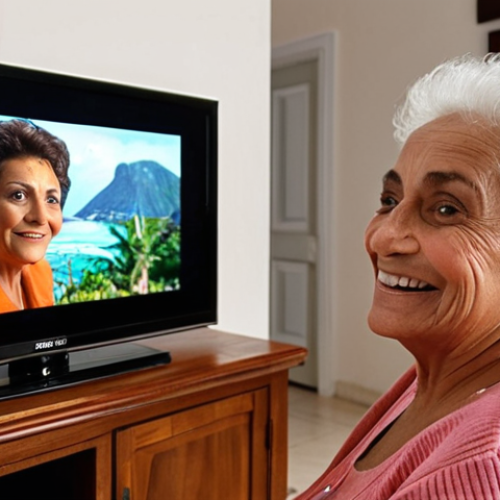 Home 11 **Image Prompt:** An elderly woman in her living room, smiling, using voice commands to control her smart TV. Show the TV displaying a popular Brazilian telenovela. The living room should be cozy and well-lit, reflecting a comfortable home environment.