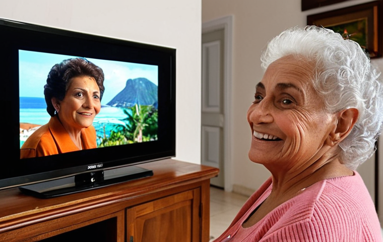 **Image Prompt:** An elderly woman in her living room, smiling, using voice commands to control her smart TV. Show the TV displaying a popular Brazilian telenovela. The living room should be cozy and well-lit, reflecting a comfortable home environment.