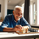 ** An elderly Portuguese man smiles warmly as he plays online chess on a tablet in a bright, modern living room. He is surrounded by framed photos of family. Sunlight streams in from a window overlooking a garden. Other seniors are in the background, also engaged in online games. Focus on conveying a sense of joy, connection, and mental stimulation.

**