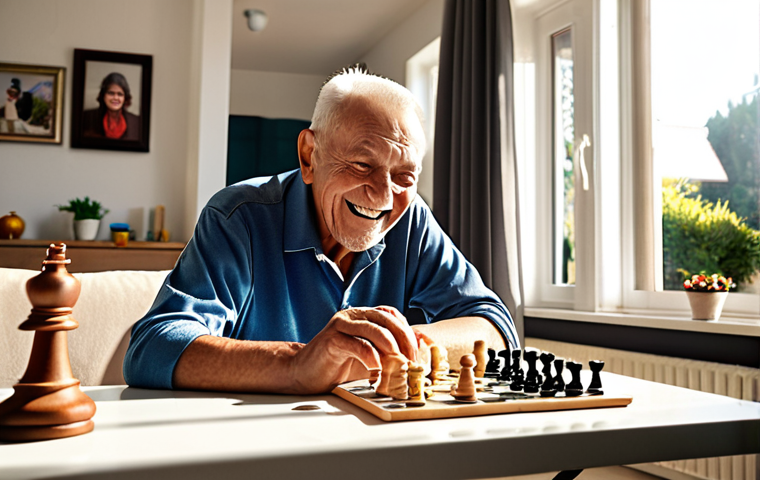 ** An elderly Portuguese man smiles warmly as he plays online chess on a tablet in a bright, modern living room. He is surrounded by framed photos of family. Sunlight streams in from a window overlooking a garden. Other seniors are in the background, also engaged in online games. Focus on conveying a sense of joy, connection, and mental stimulation.

**