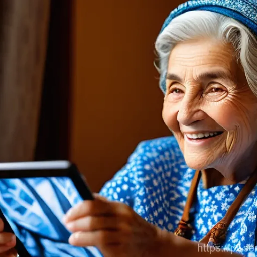 시니어를 위한 디지털 플랫폼 - **Prompt:** A heartwarming scene featuring an elderly Portuguese grandmother, with a gentle smile an...