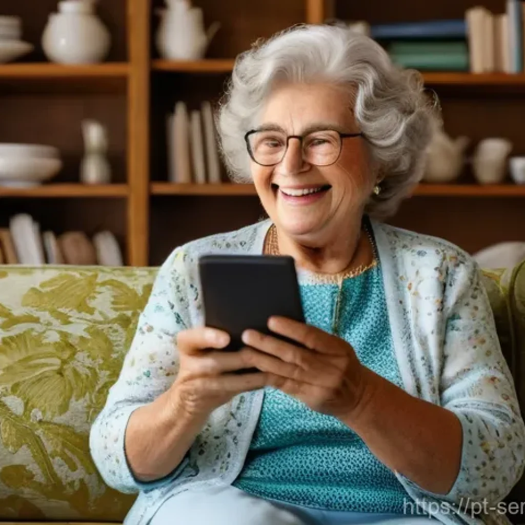 시니어를 위한 앱 사용 교육 - **Prompt:** A heartwarming scene featuring a contented Portuguese senior woman, in her late 70s, wit...