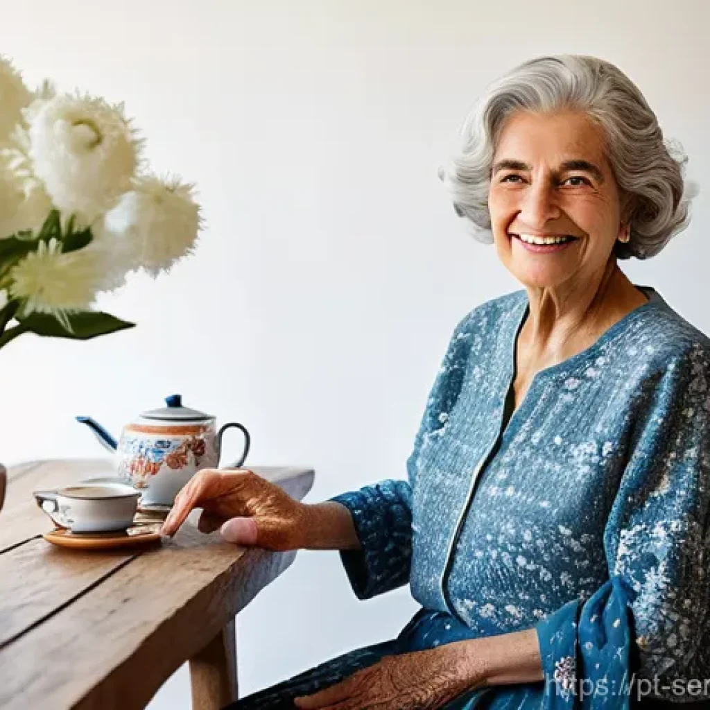 시니어를 위한 최신 스마트 기기 - **Prompt: "Comfort and Connection with Voice Assistant"**
    A serene and content elderly Portugues...