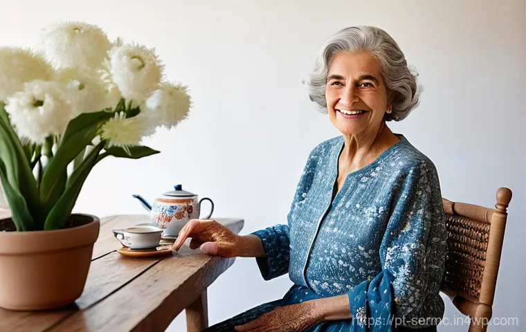 시니어를 위한 최신 스마트 기기 - **Prompt: "Comfort and Connection with Voice Assistant"**
    A serene and content elderly Portugues...