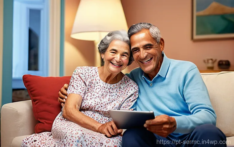 시니어를 위한 최신 스마트 기기 - **Prompt: "Comfort and Connection with Voice Assistant"**
    A serene and content elderly Portugues...