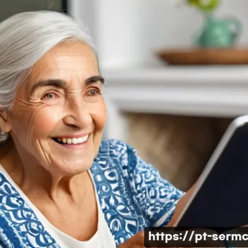 시니어를 위한 실버 테크 서비스 - **Prompt:** A cheerful elderly Portuguese woman, with kind eyes and a warm smile, sitting comfortabl...