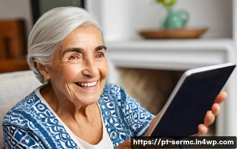 시니어를 위한 실버 테크 서비스 - **Prompt:** A cheerful elderly Portuguese woman, with kind eyes and a warm smile, sitting comfortabl...