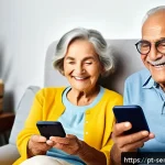 시니어 통신 서비스 비교 - A warm and inviting scene showing a cheerful elderly Brazilian man and woman sitting comfortably at ...