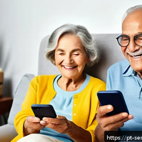 시니어 통신 서비스 비교 - A warm and inviting scene showing a cheerful elderly Brazilian man and woman sitting comfortably at ...
