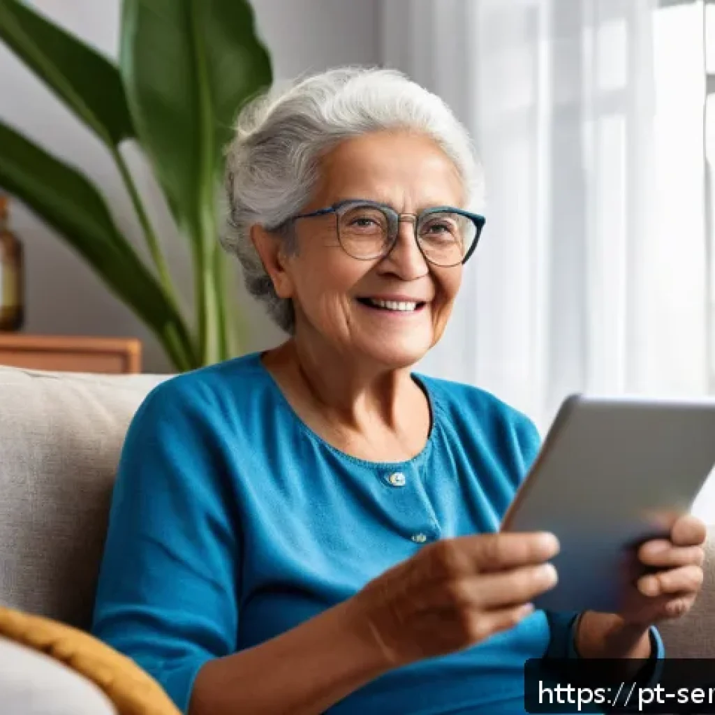 시니어를 위한 비디오 통화 서비스 비교 - An elderly Brazilian woman sitting comfortably in her living room, using a tablet with a simple, lar...
