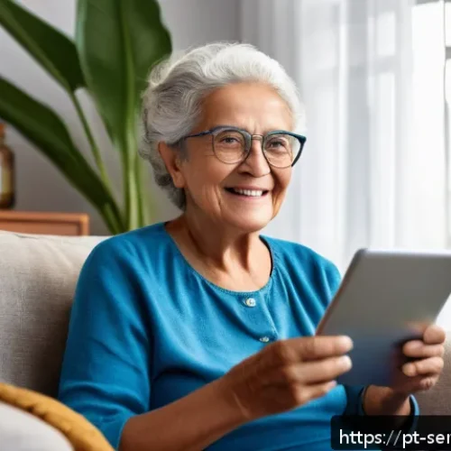 시니어를 위한 비디오 통화 서비스 비교 - An elderly Brazilian woman sitting comfortably in her living room, using a tablet with a simple, lar...
