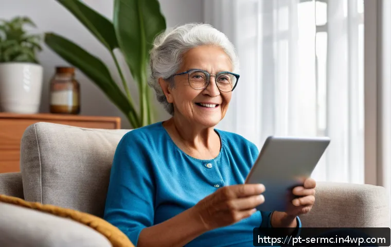 시니어를 위한 비디오 통화 서비스 비교 - An elderly Brazilian woman sitting comfortably in her living room, using a tablet with a simple, lar...