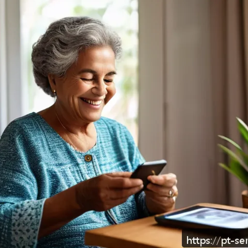 시니어를 위한 앱 개발 동향 - A warm and inviting scene showing a senior Brazilian woman using a smartphone with a simplified app ...