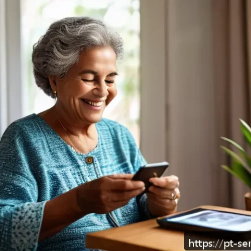 시니어를 위한 앱 개발 동향 - A warm and inviting scene showing a senior Brazilian woman using a smartphone with a simplified app ...
