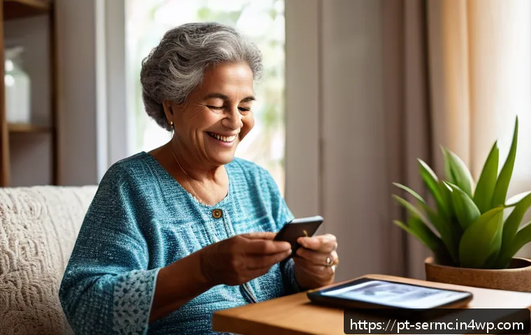 시니어를 위한 앱 개발 동향 - A warm and inviting scene showing a senior Brazilian woman using a smartphone with a simplified app ...