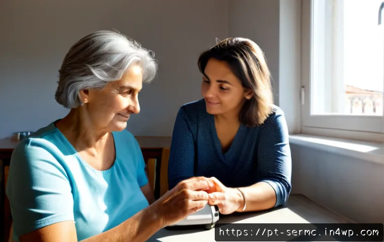 시니어를 위한 혈압 모니터링 기술 - Photorealistic bright morning scene in a comfortable Portuguese home, senior woman with silver hair ...